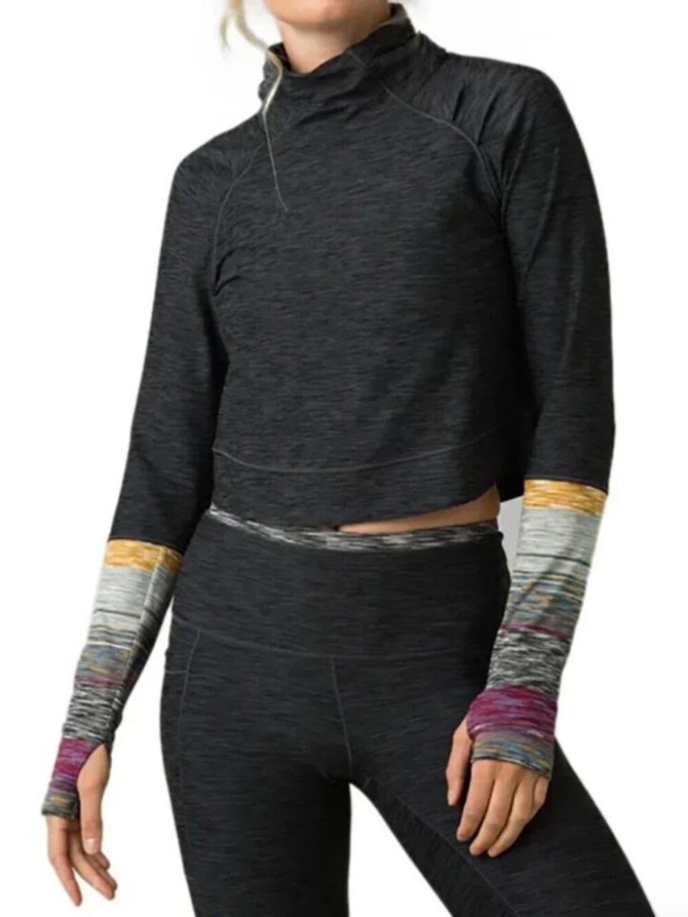 Prana Zandra Funnel Mock Neck Top Striped Sleeve Athleisure Pullover Gray S